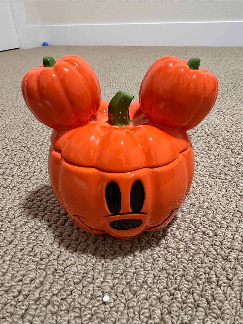 Disney Orange Mickey Pumpkin Candy Jar with Green Stem Accents